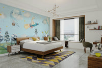 A small, yellow propeller plane is flown by a cartoon lion.
