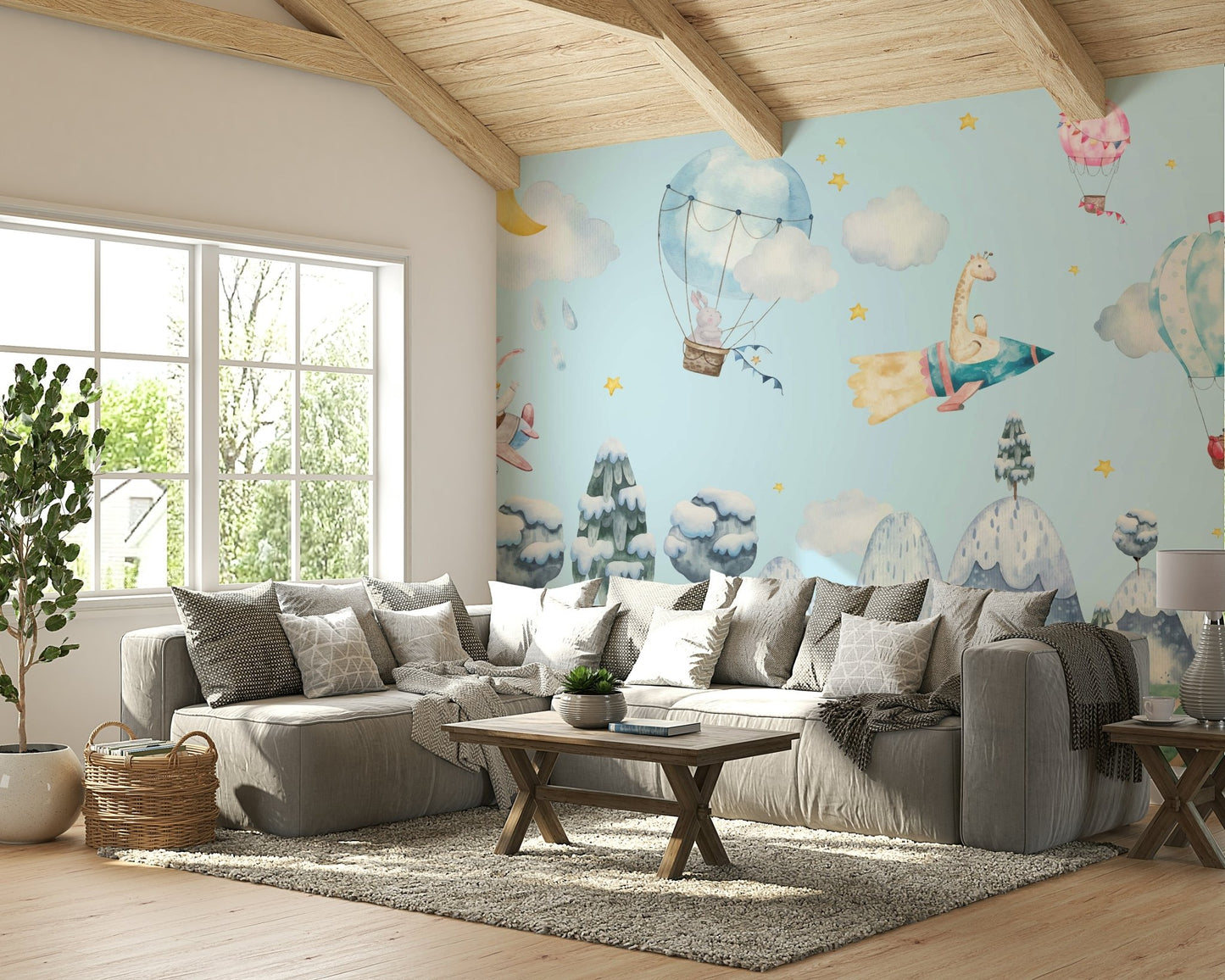 The sky is dotted with fluffy, white cartoon clouds.
