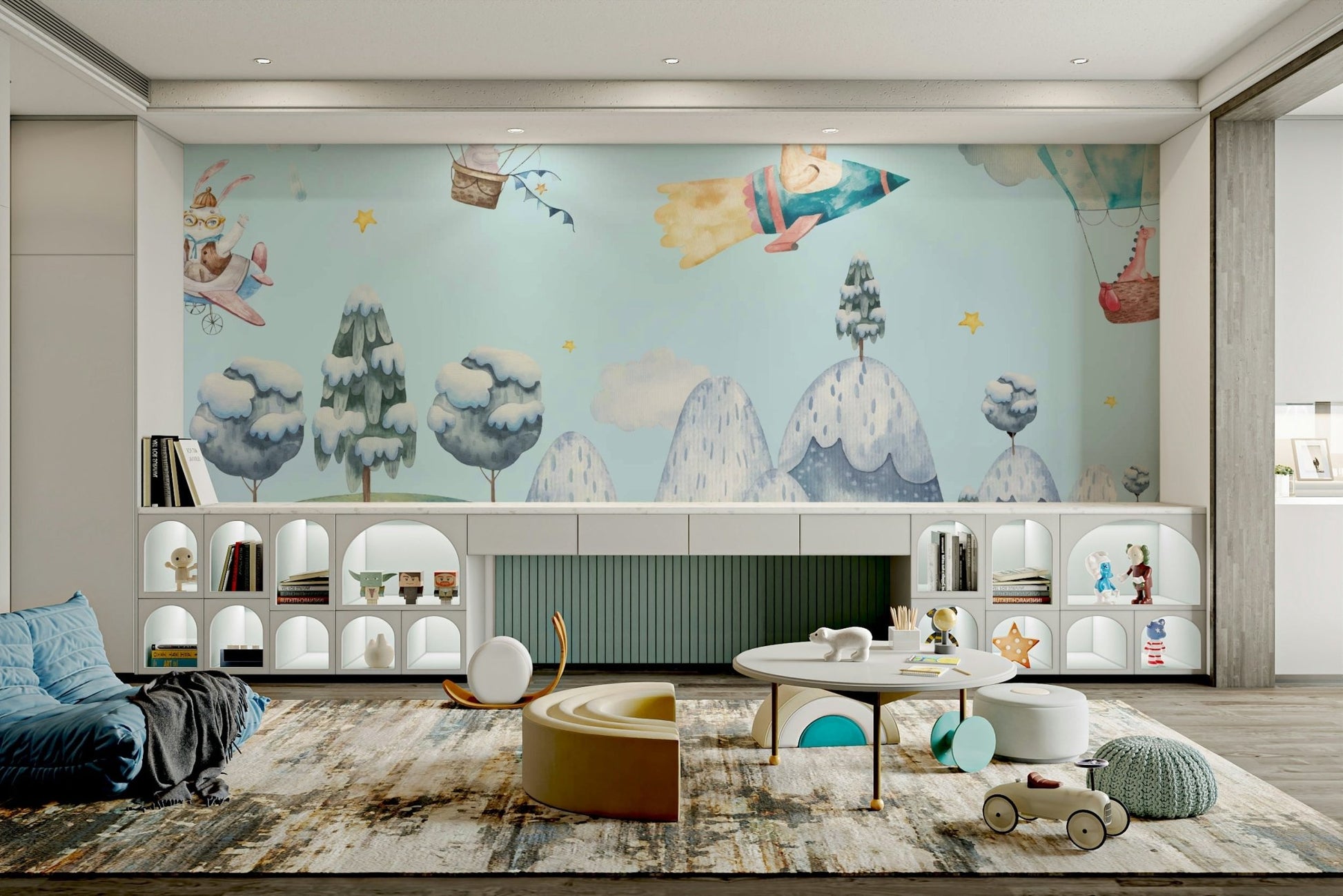 A friendly bear and a rabbit are waving from the balloon's basket.
