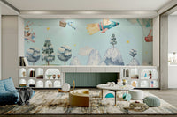 A friendly bear and a rabbit are waving from the balloon's basket.
