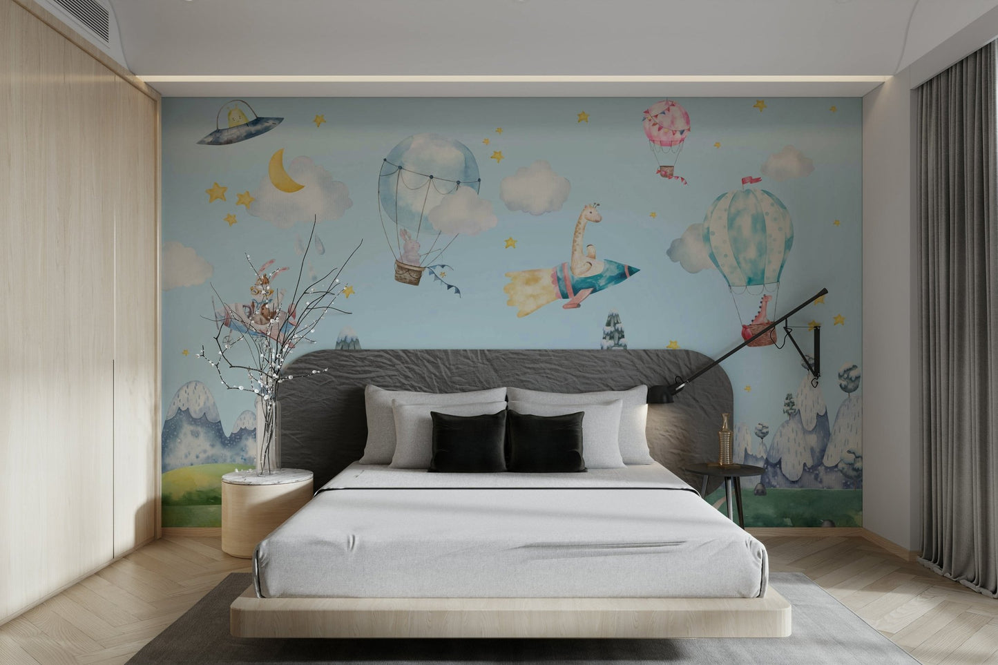 The Sky High Adventures Wall Mural in a child's playroom.

