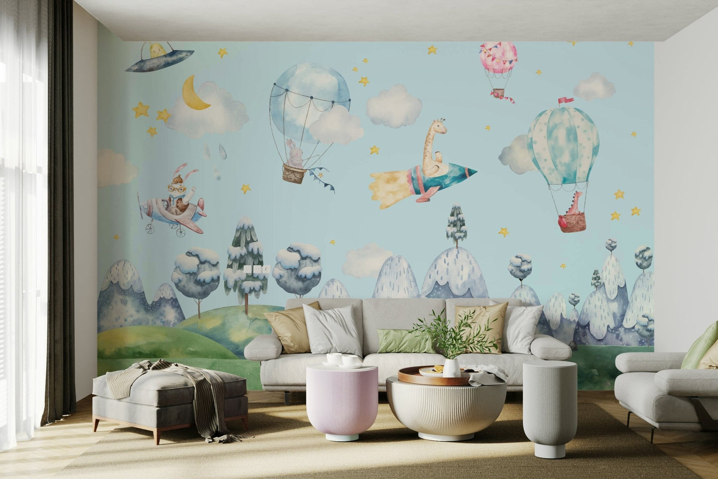 A large, red-and-white striped hot air balloon is on the left.
