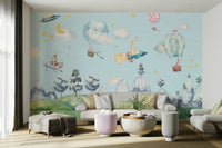 A large, red-and-white striped hot air balloon is on the left.
