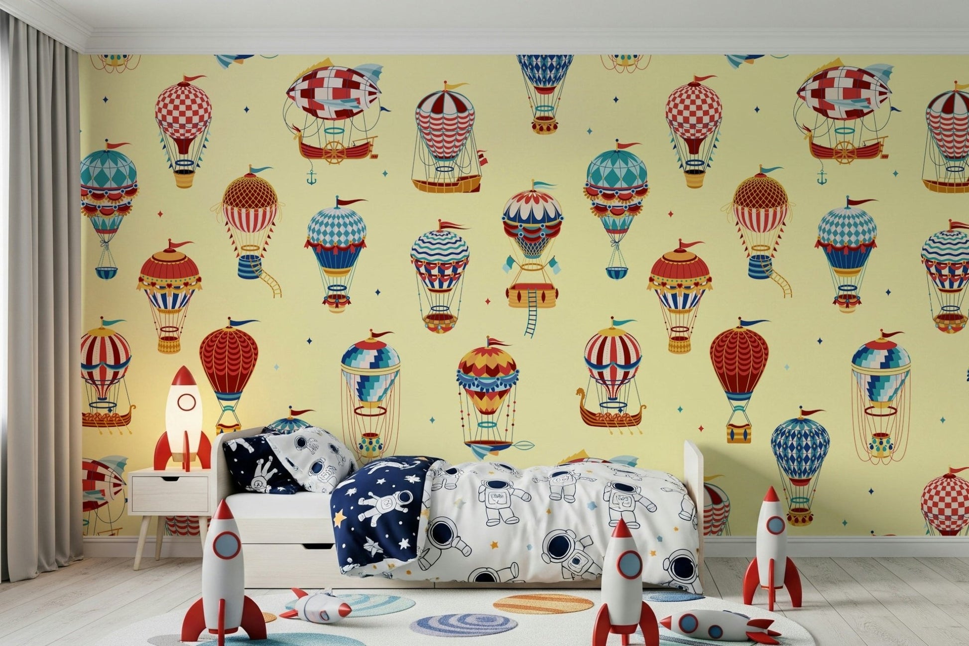 An artistic soft focus balloon mural on minimalist wallpaper.