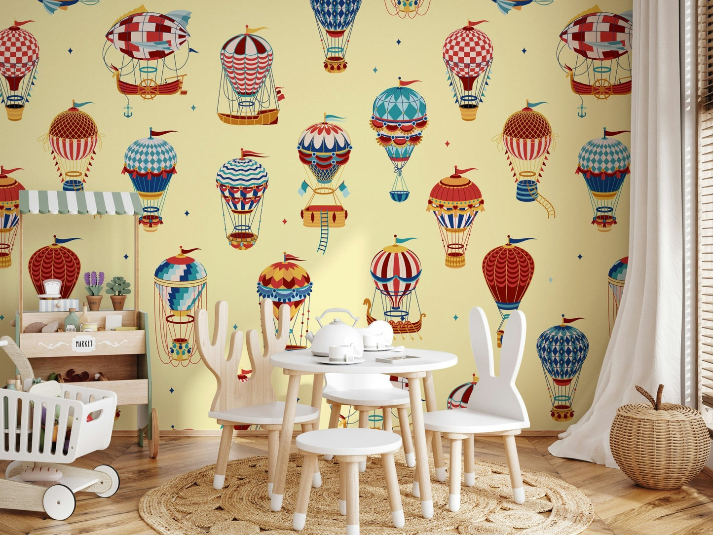 A beautiful whimsical hot air balloon wallpaper mural for a child's room.