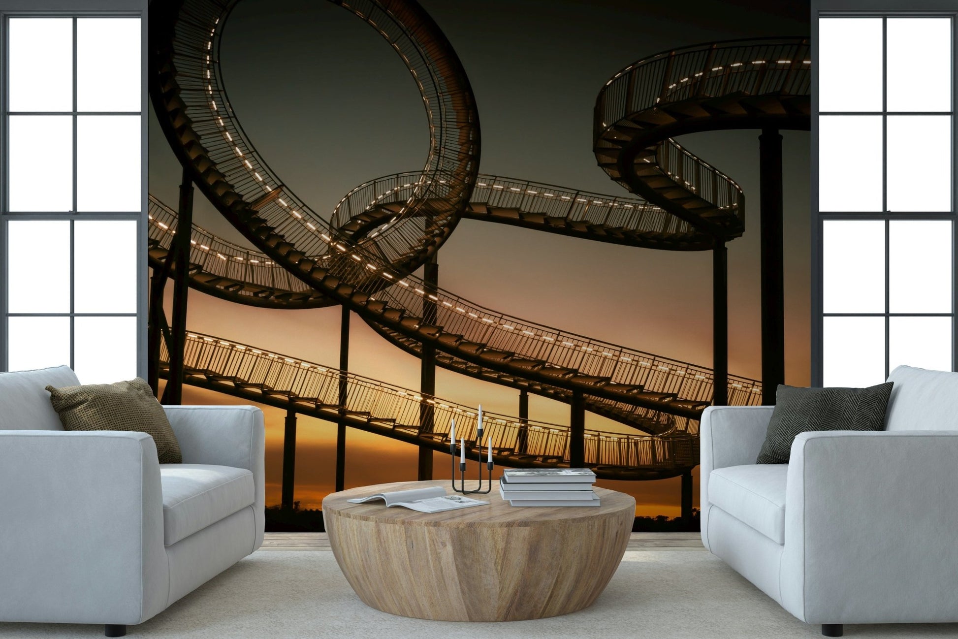 A peaceful geometric design mural on decorative wallpaper.