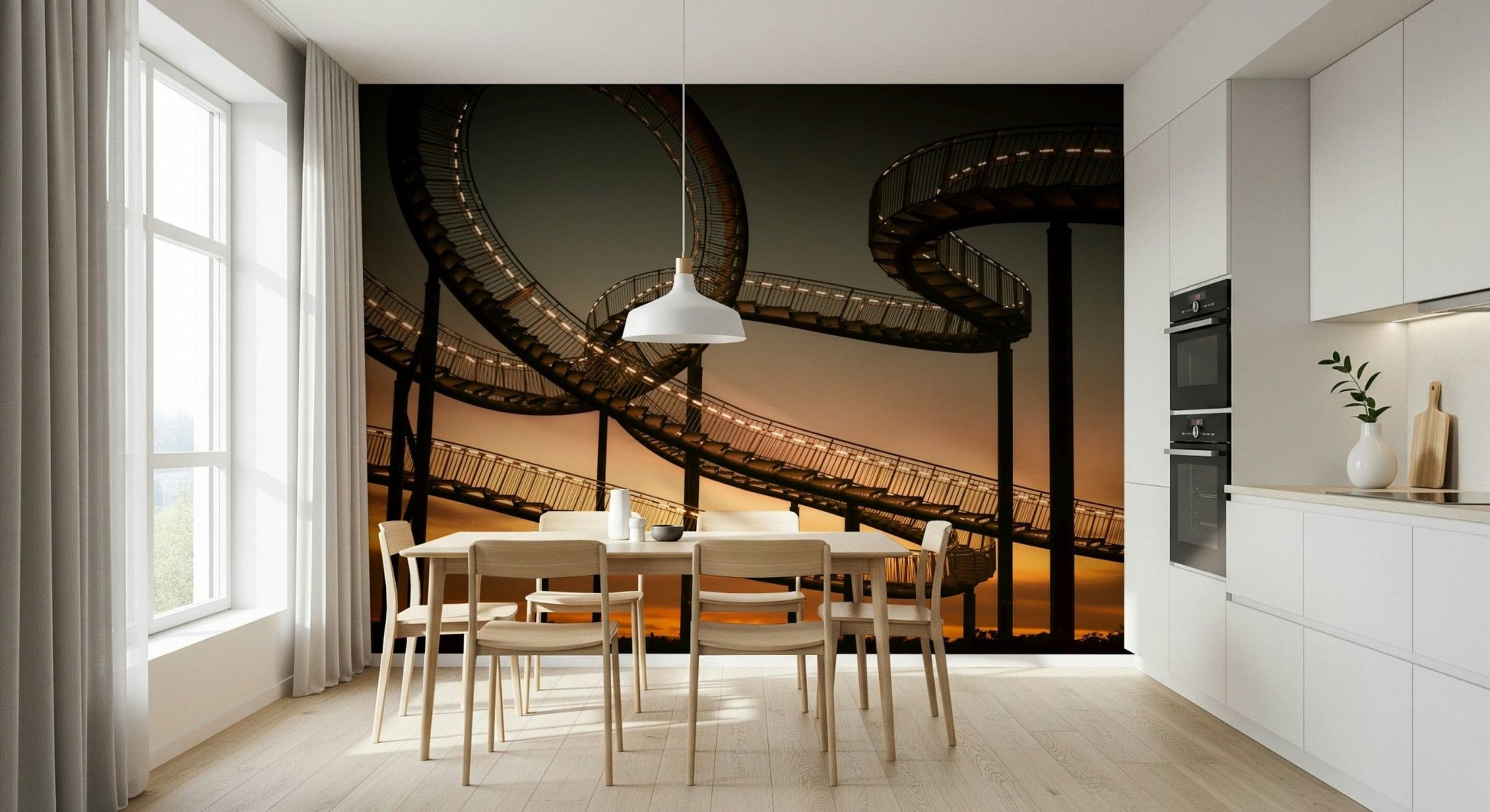 An artistic abstract ascent mural on minimalist wallpaper.