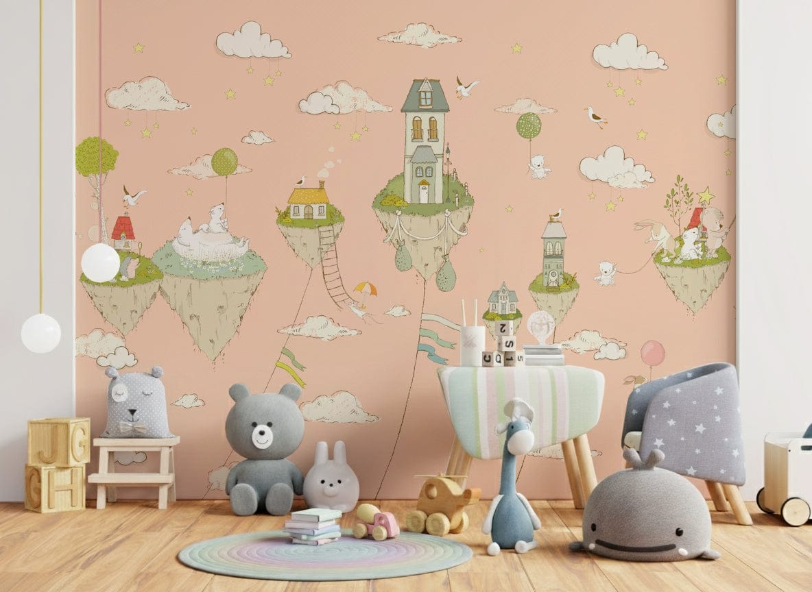 A beautiful whimsical cityscape wallpaper mural with homes floating in the sky.