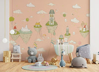 A beautiful whimsical cityscape wallpaper mural with homes floating in the sky.