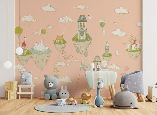 A beautiful whimsical cityscape wallpaper mural with homes floating in the sky.