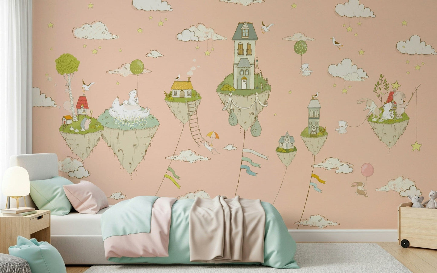 A peaceful modern abstract mural on decorative wallpaper.