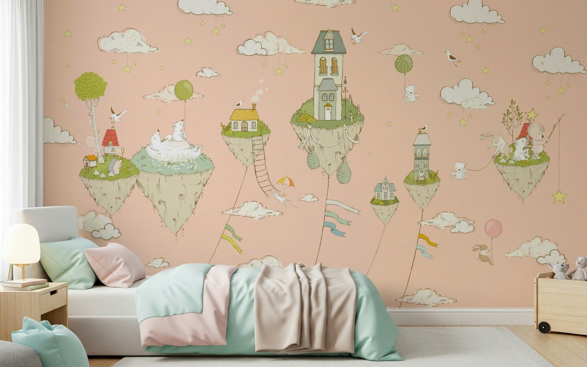 A peaceful modern abstract mural on decorative wallpaper.