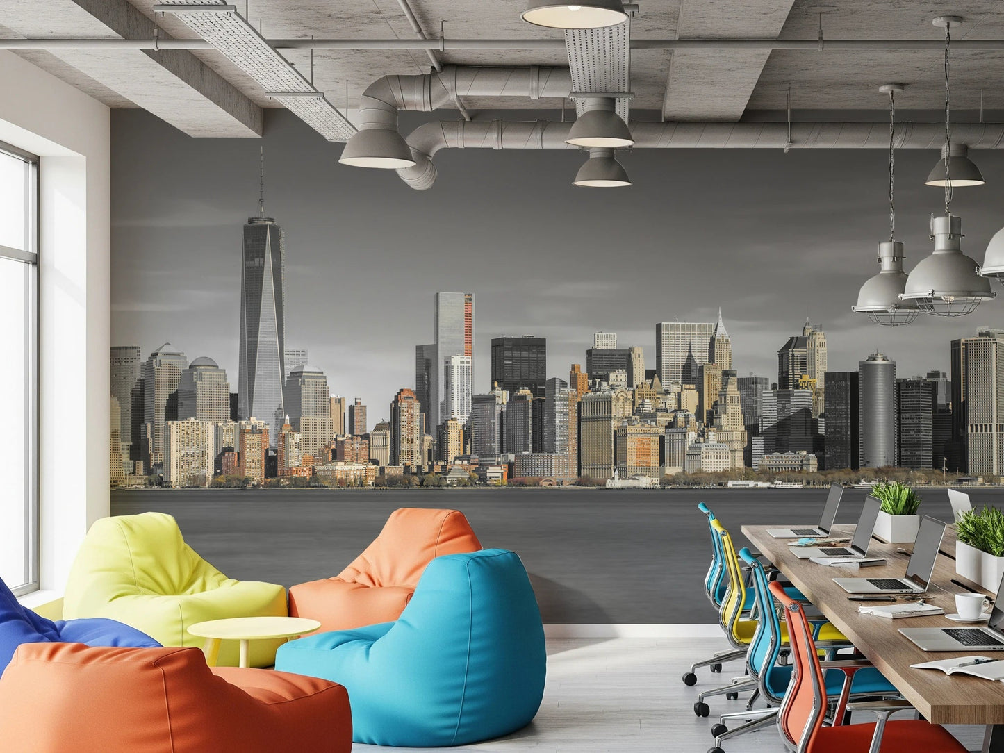 Wide city skyline wall mural for living room