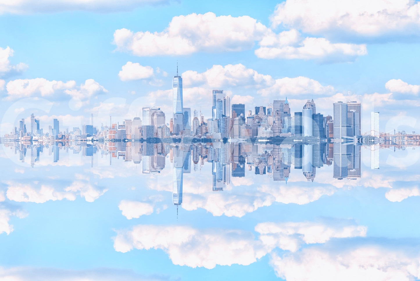Light blue metropolis wallpaper with a peaceful reflection.