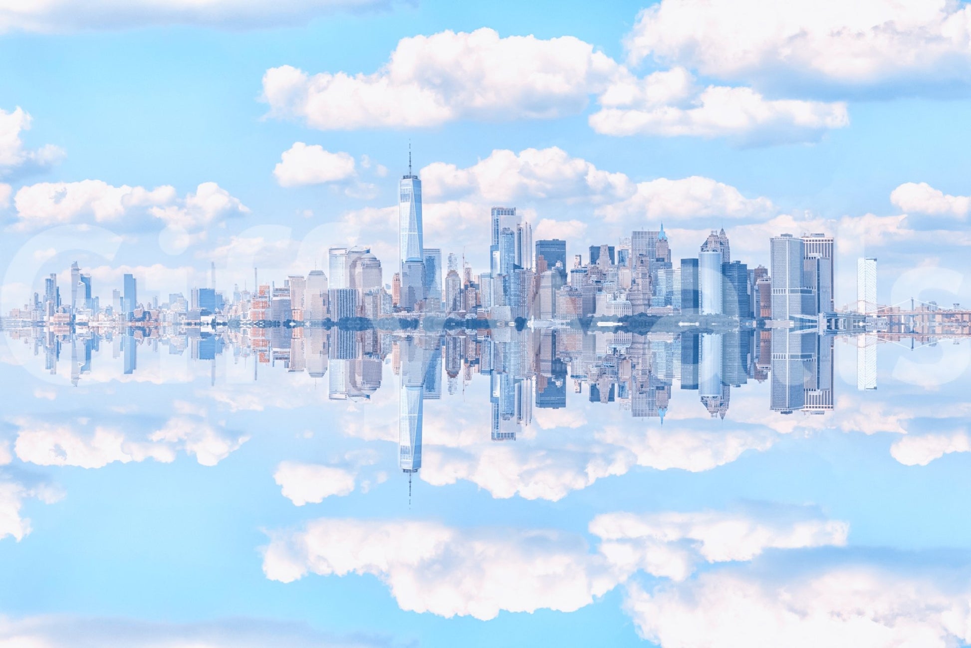 Light blue metropolis wallpaper with a peaceful reflection.