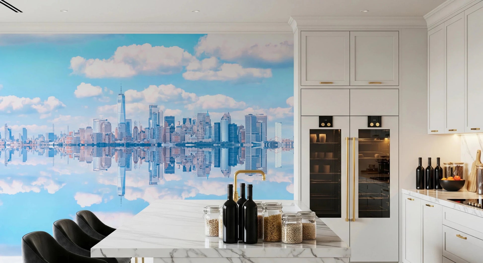 Symmetrical urban landscape wall mural in light blue tones.