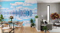 Modern city architecture wall mural with mirrored water.