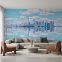 Lower Manhattan skyline reflection wallpaper in soft blue.