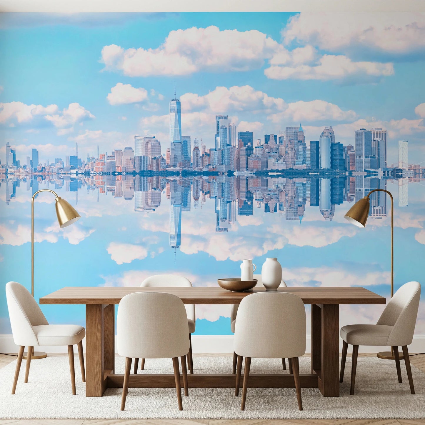 Serene blue horizon skyline wallpaper with building shapes.