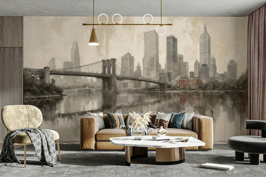 A wide shot of a wall mural showing a cityscape at sunrise or sunset.
