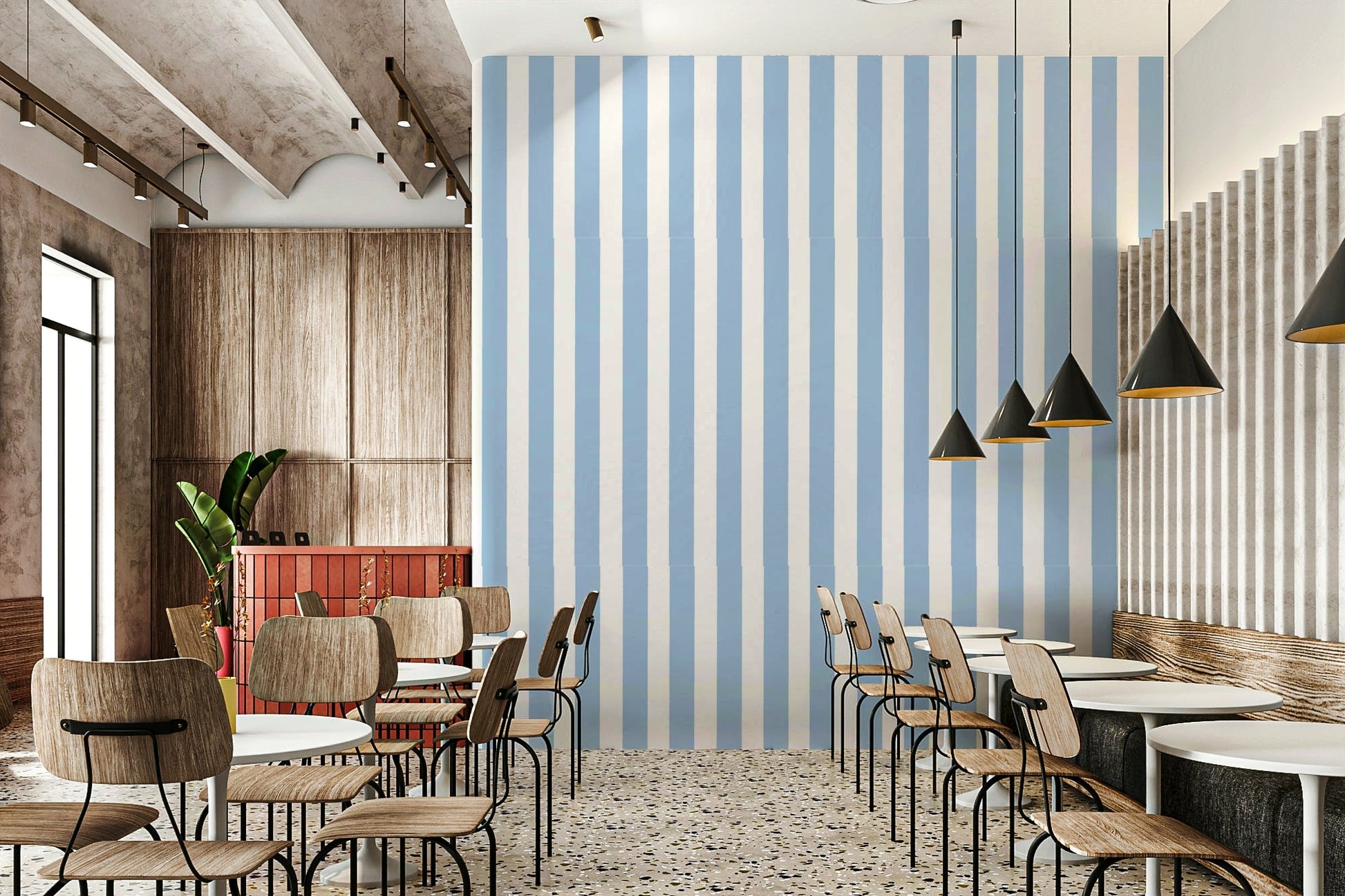 Trendy striped wallpaper with skyline detail.

