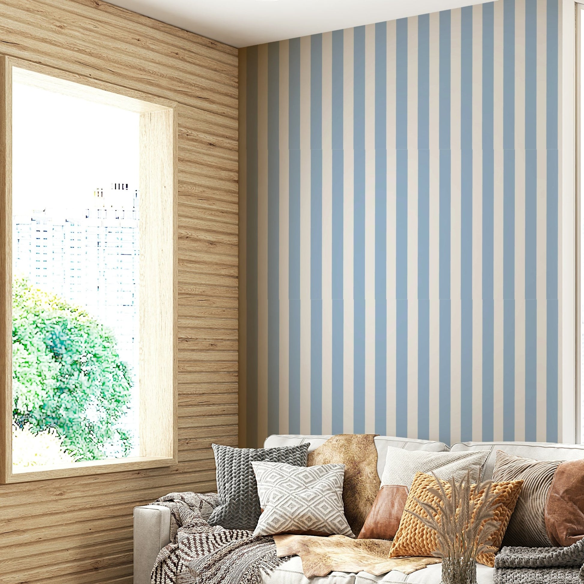 Contemporary city skyline wallpaper with stripes.

