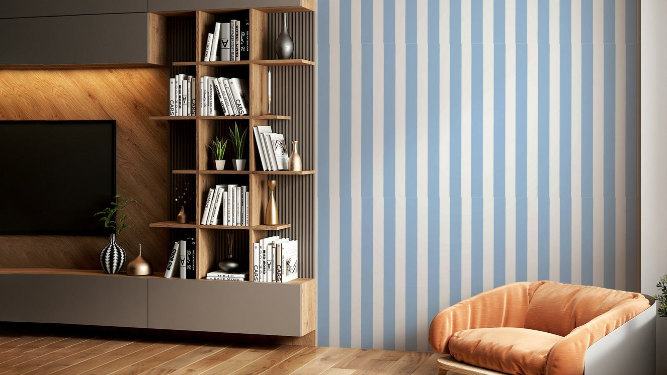 Trendy striped wallpaper with skyline detail.

