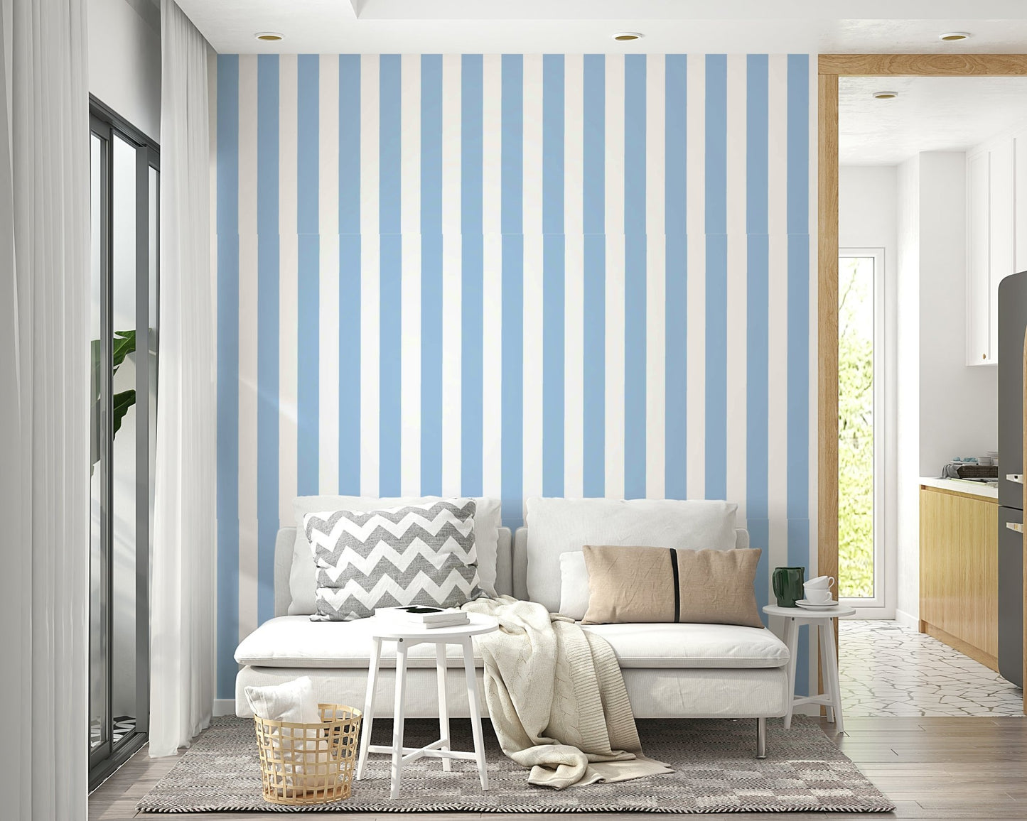 Striped wallpaper featuring city skyline theme.

