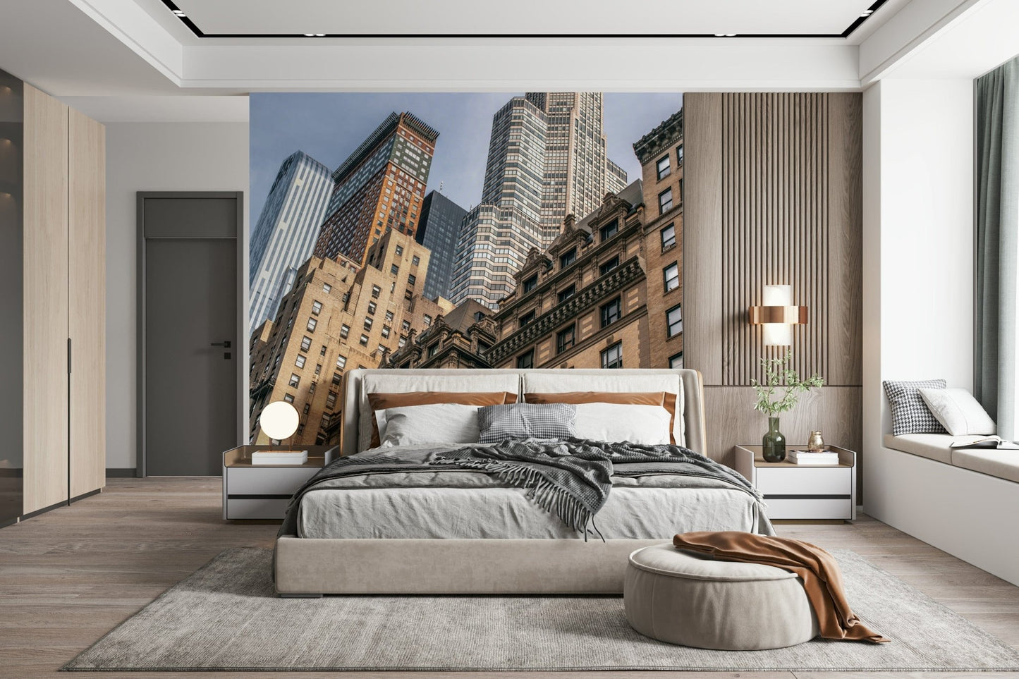 Awesome view looking up at Big Apple office buildings mural.