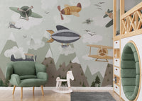 Playful plane wallpaper over forest peaks, C126