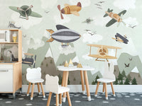 Whimsical mural with planes and zeppelins, C126