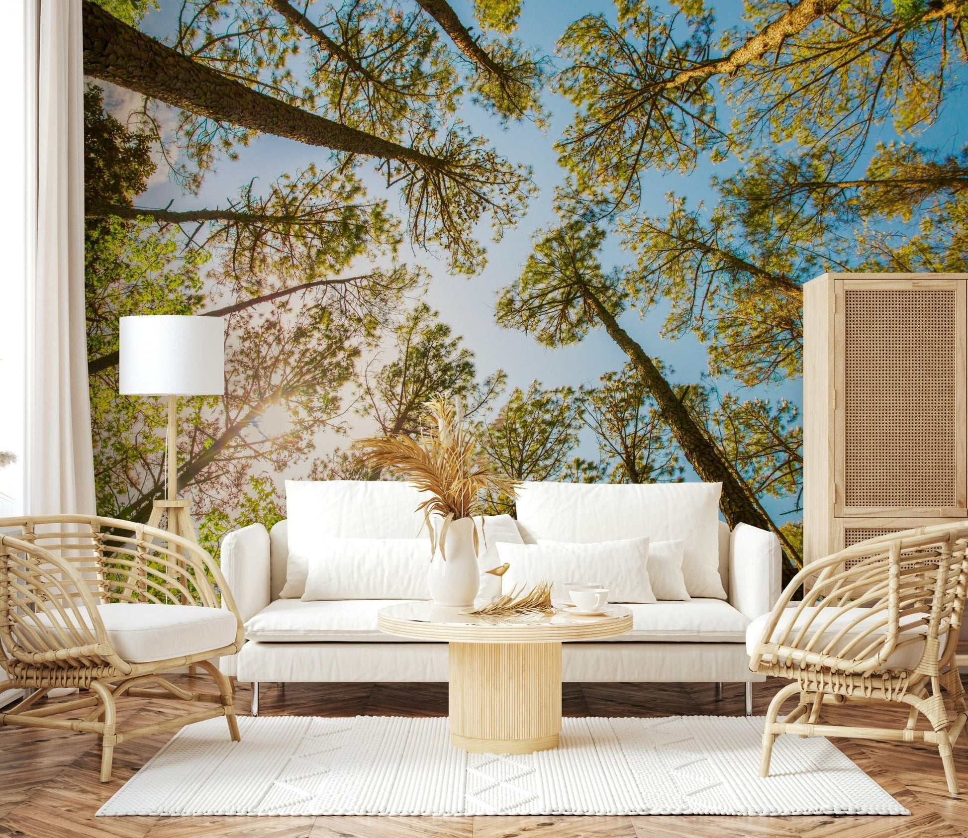 Sun-drenched canopy wall mural in shades of emerald and lime green.