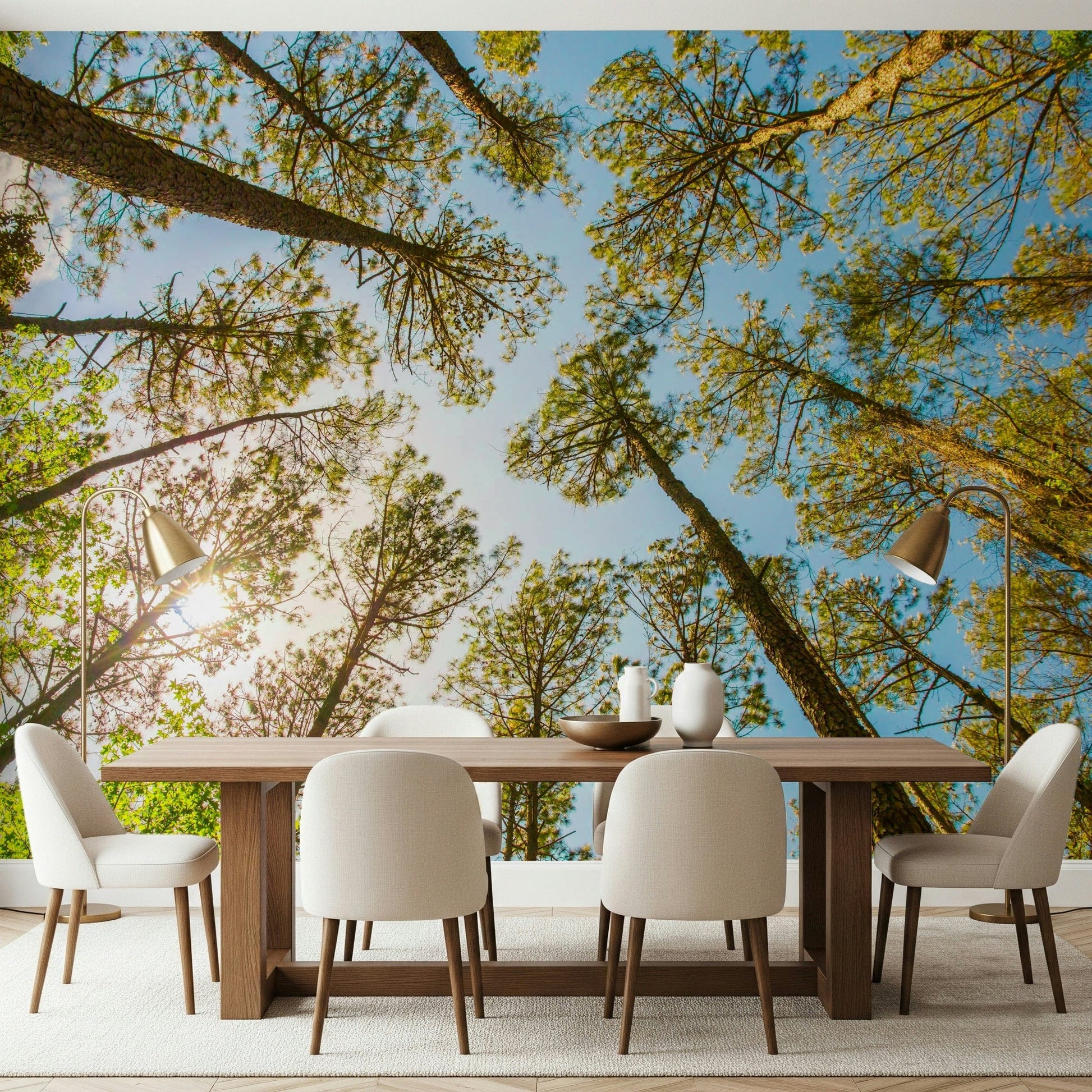 Skyward Trees wallpaper for walls showing a bright green forest canopy.