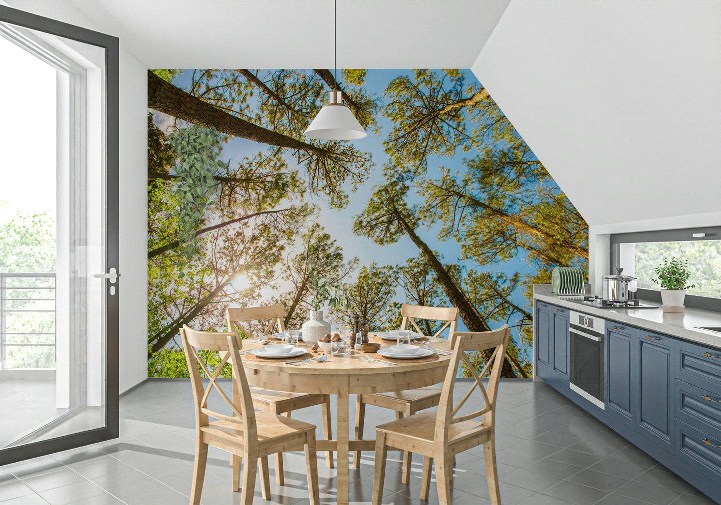 Nature's beauty wall mural with sunlight filtering through summer leaves.
