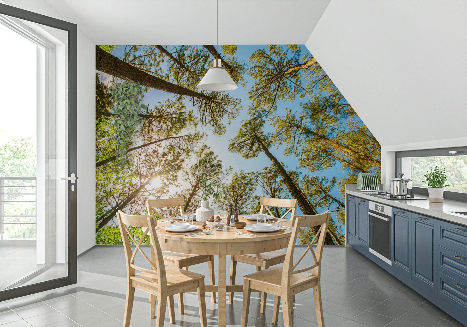 Nature's beauty wall mural with sunlight filtering through summer leaves.