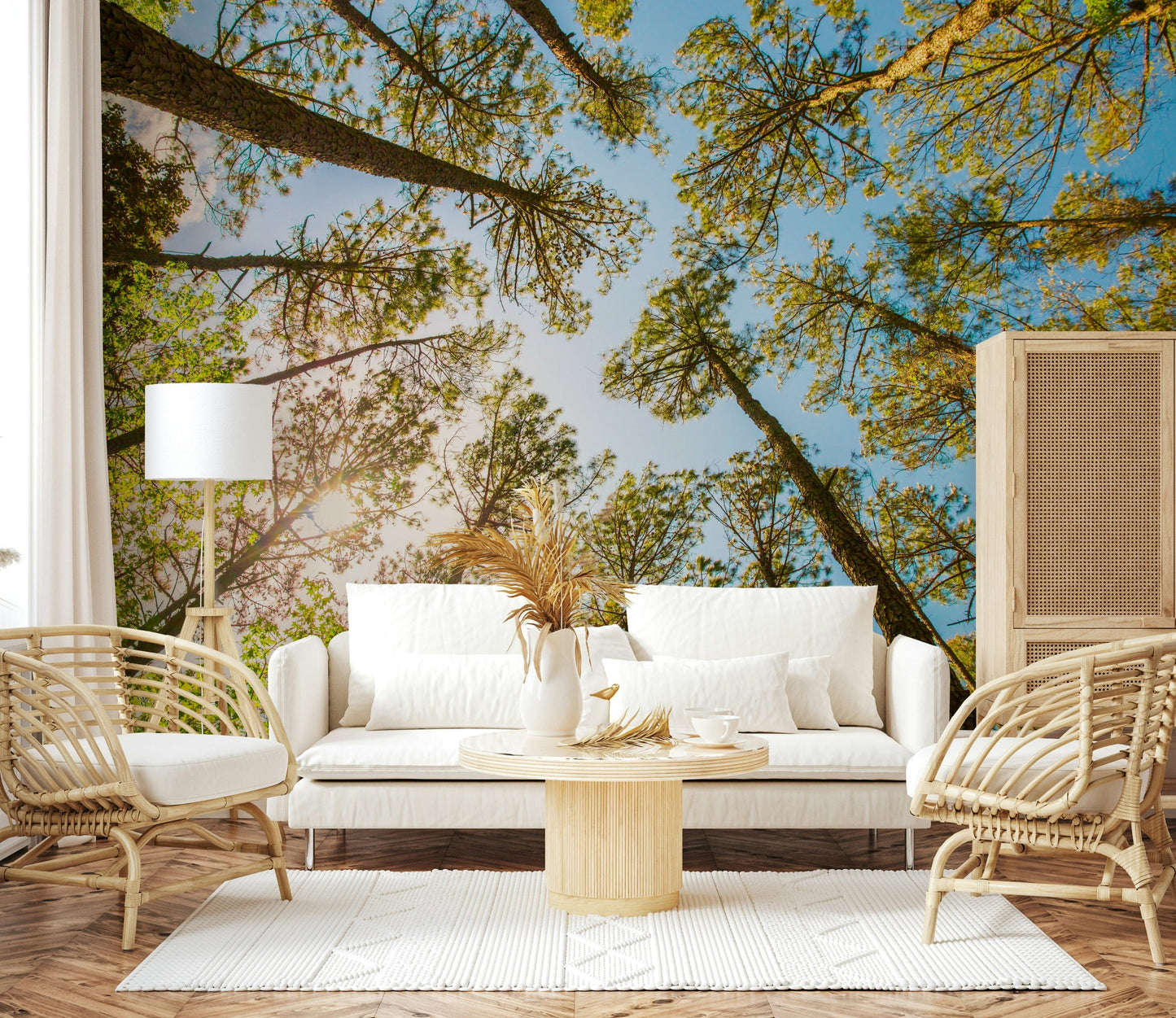 Sun-drenched canopy wall mural in shades of emerald and lime green.