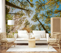 Sun-drenched canopy wall mural in shades of emerald and lime green.