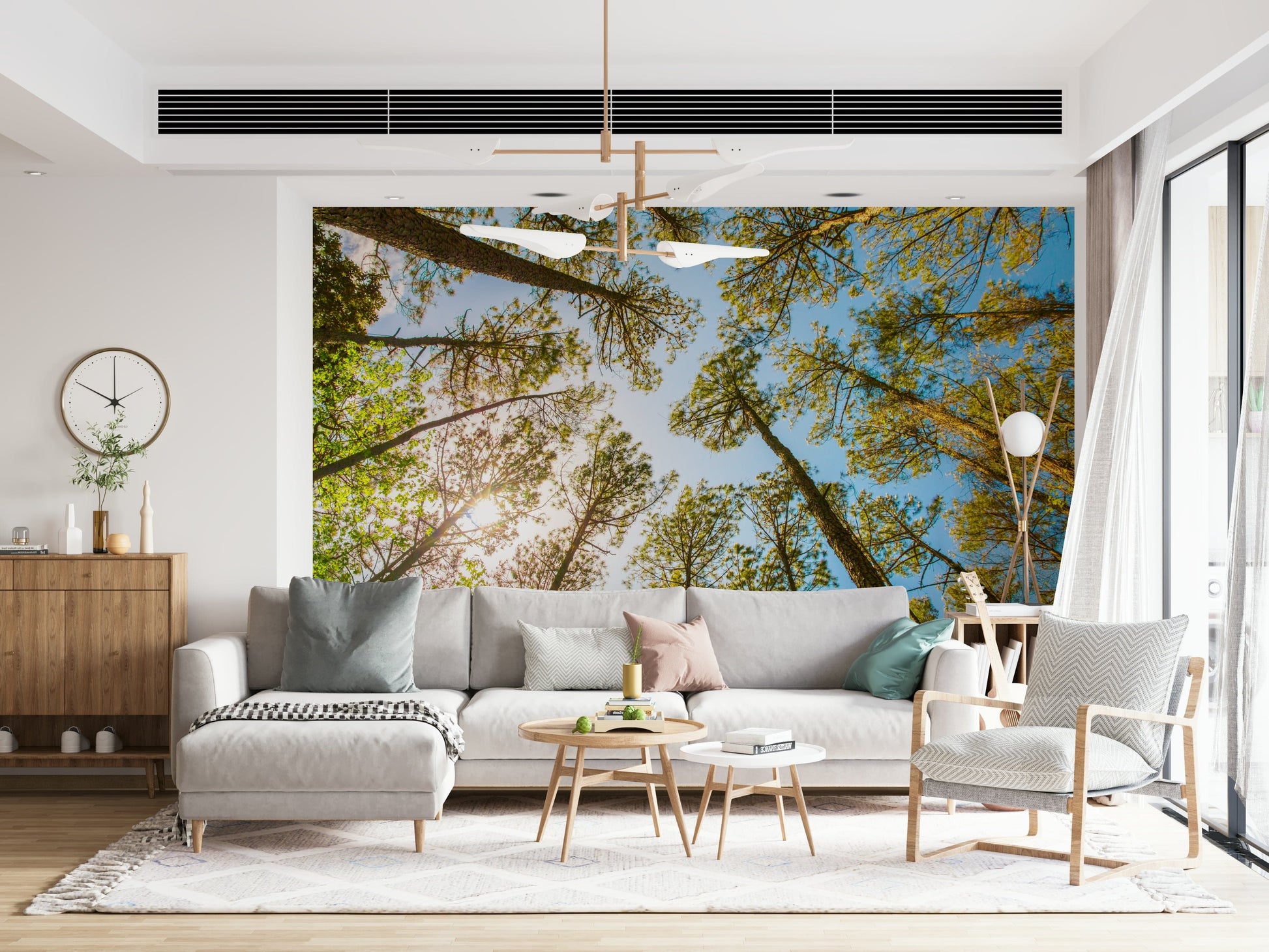 Green forest wallpaper illustrating a dense ceiling of deciduous leaves.