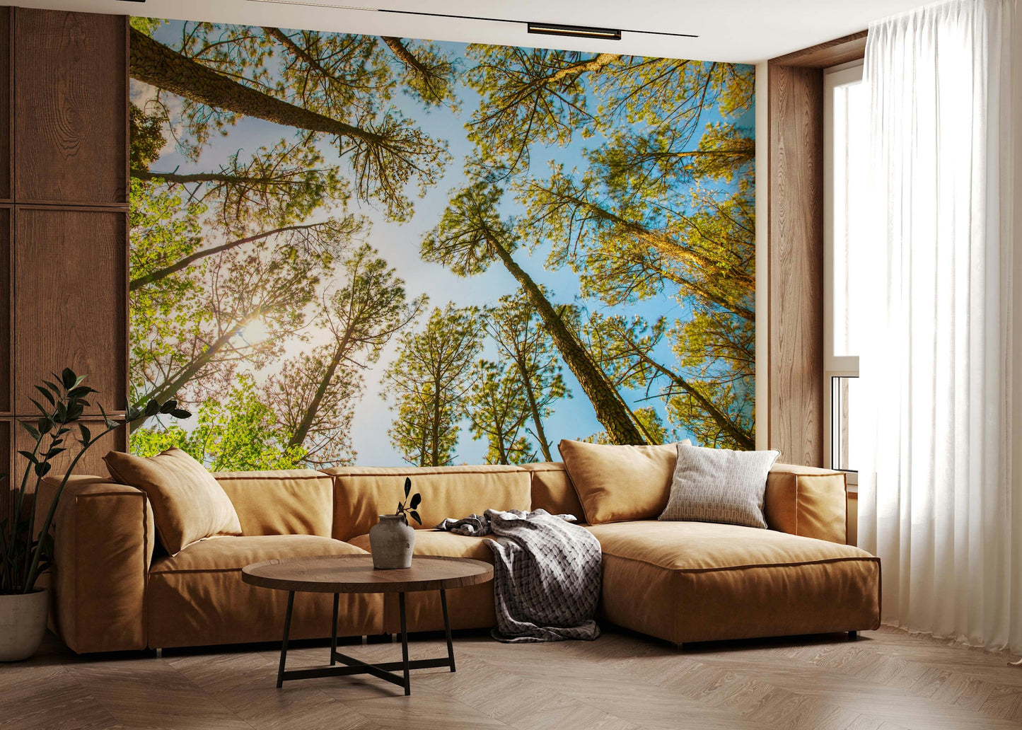 Skyward Trees wall mural with vibrant foliage and natural sun flares.