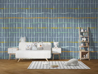 Slate blue wallpaper mural with artistic line details

