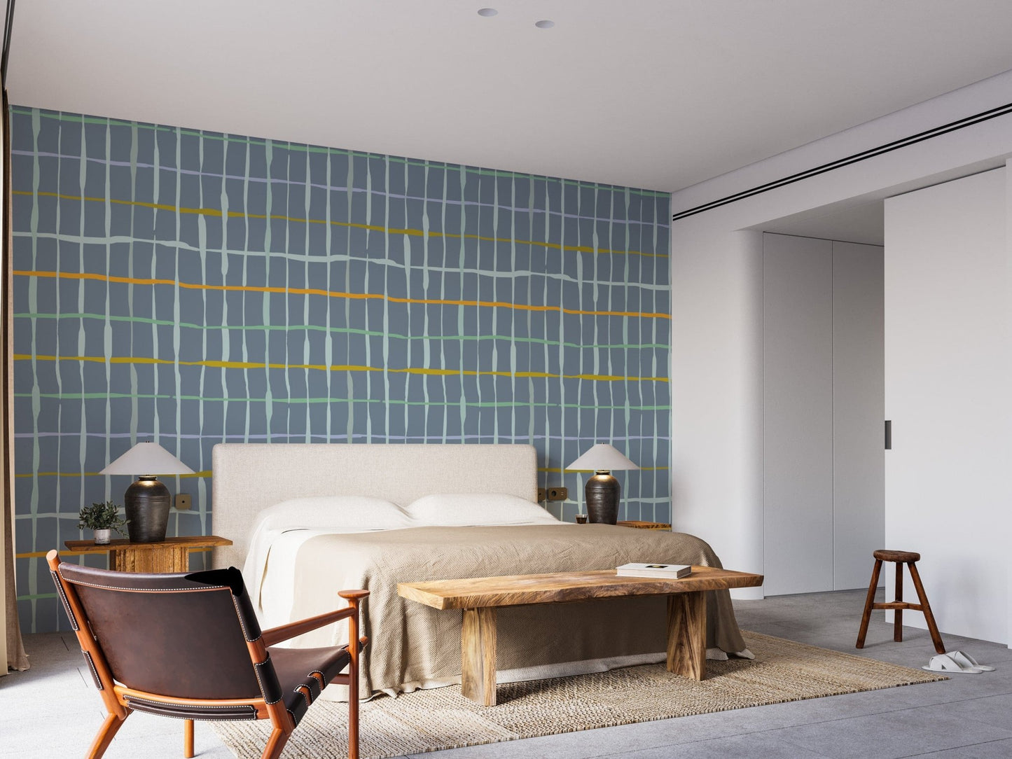 Minimalist slate blue wallpaper with handdrawn designs
