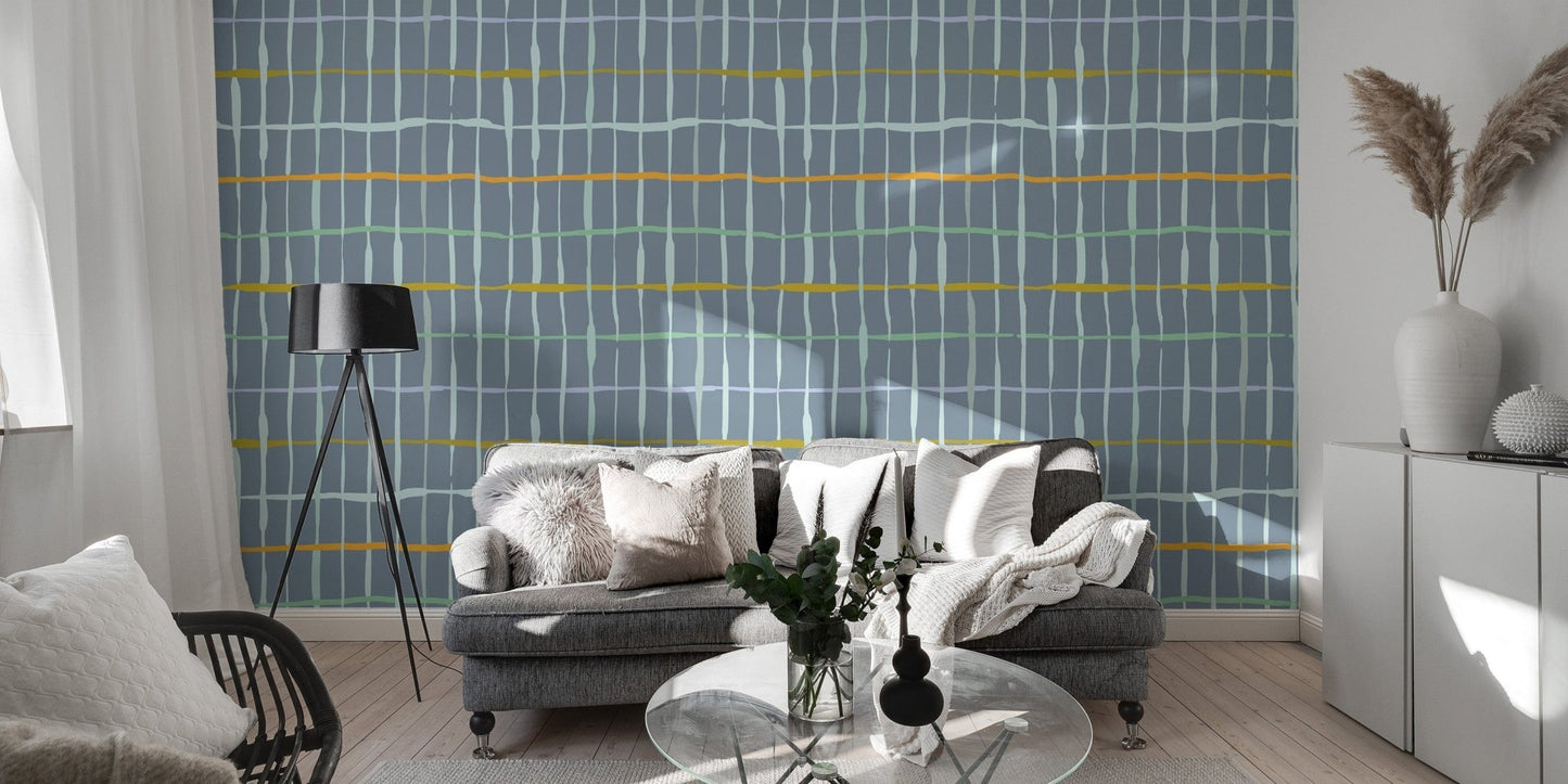 Unique handdrawn line pattern wallpaper in slate blue
