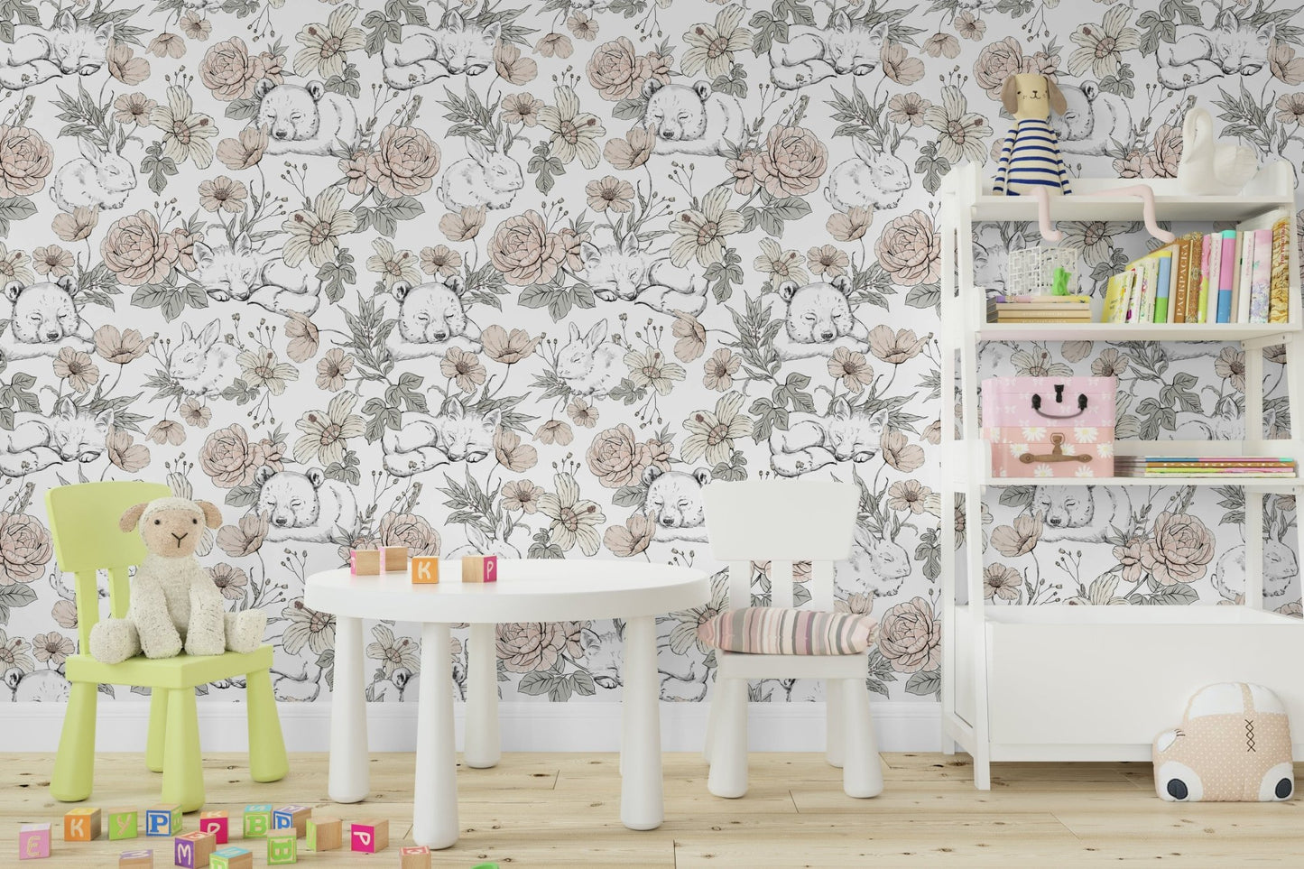 Sleeping woodland animals nursery mural


