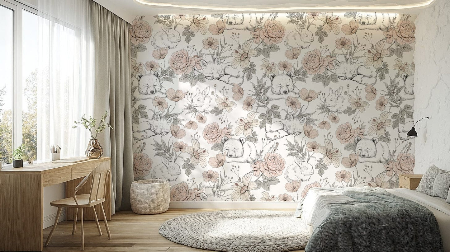 Sleeping animals nursery wallpaper design


