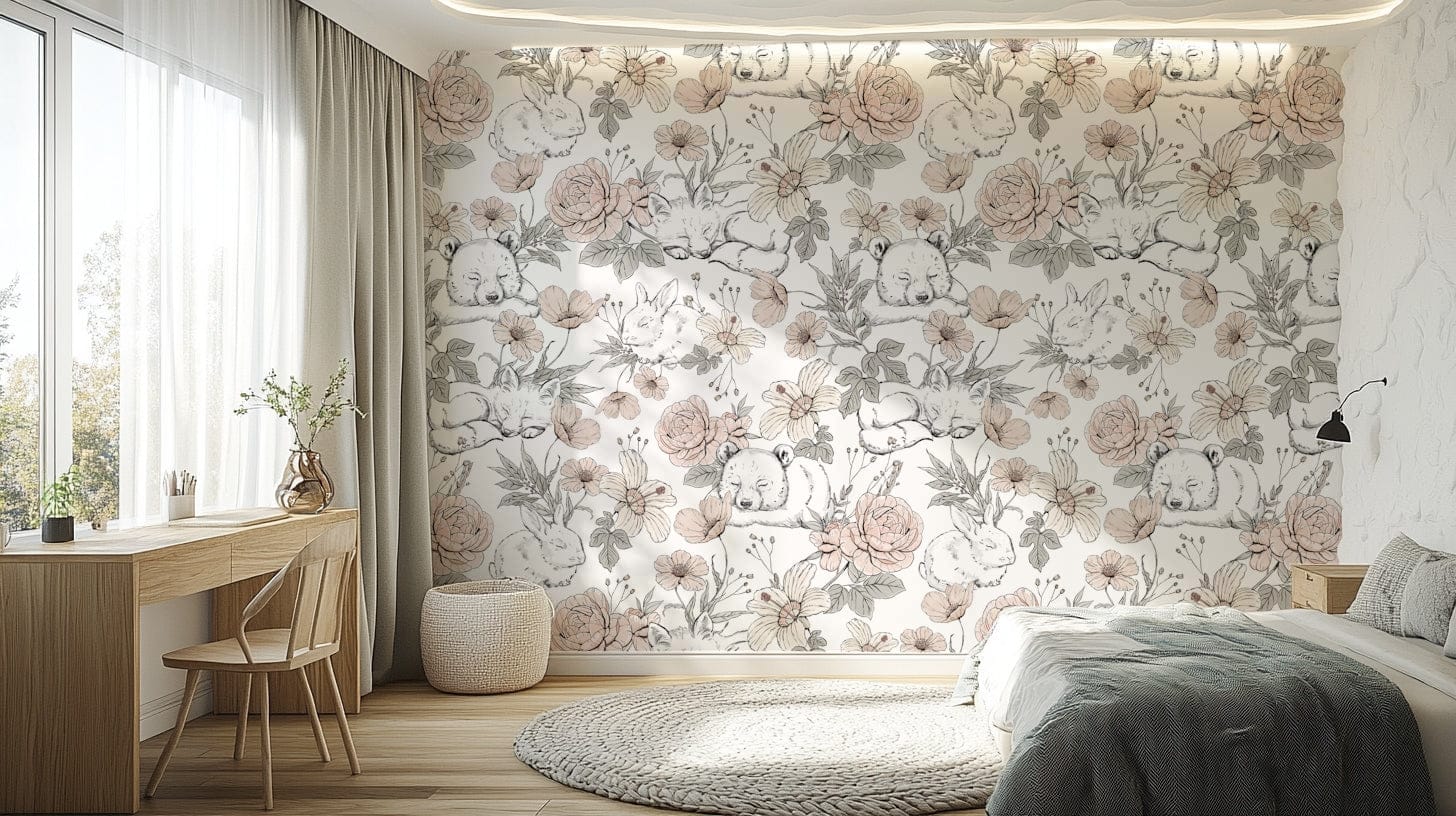 Sleeping animals nursery wallpaper design

