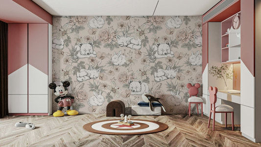 Beige nursery wallpaper with sleeping animals

