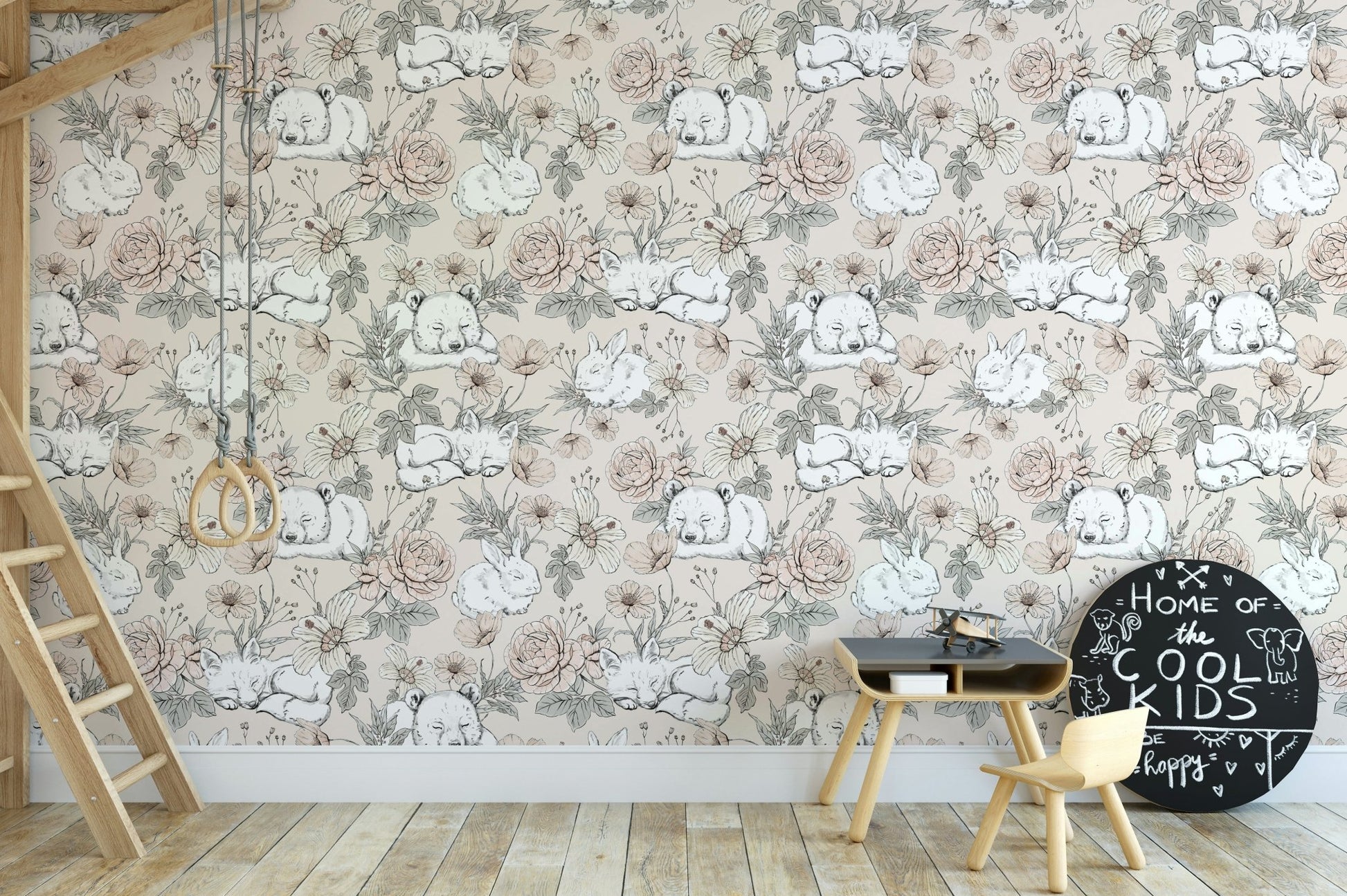 Hand-drawn woodland nursery wallpaper beige

