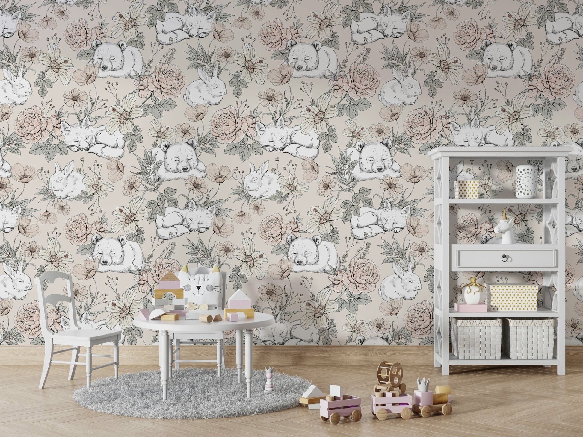 Soft beige nursery mural with forest friends

