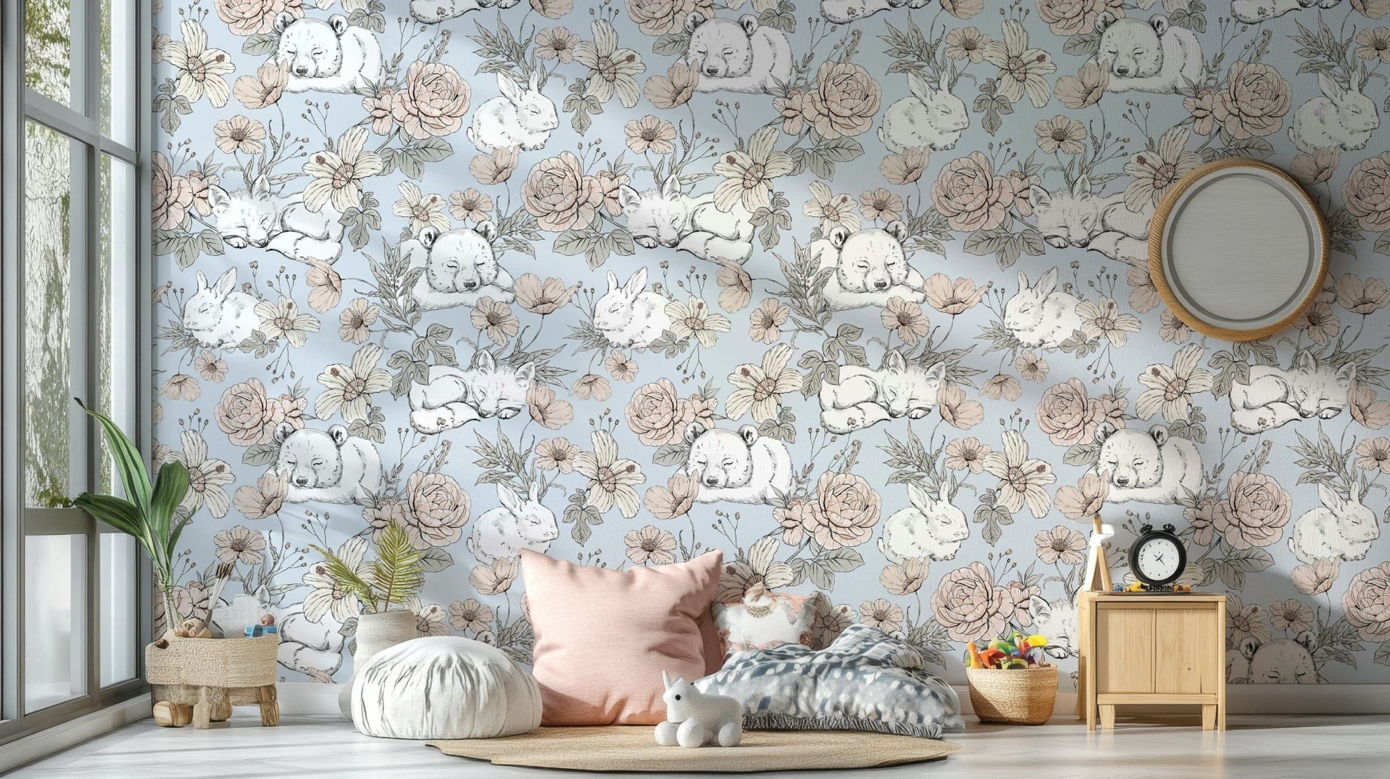 Delicate floral nursery wallpaper in blue


