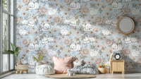 Delicate floral nursery wallpaper in blue

